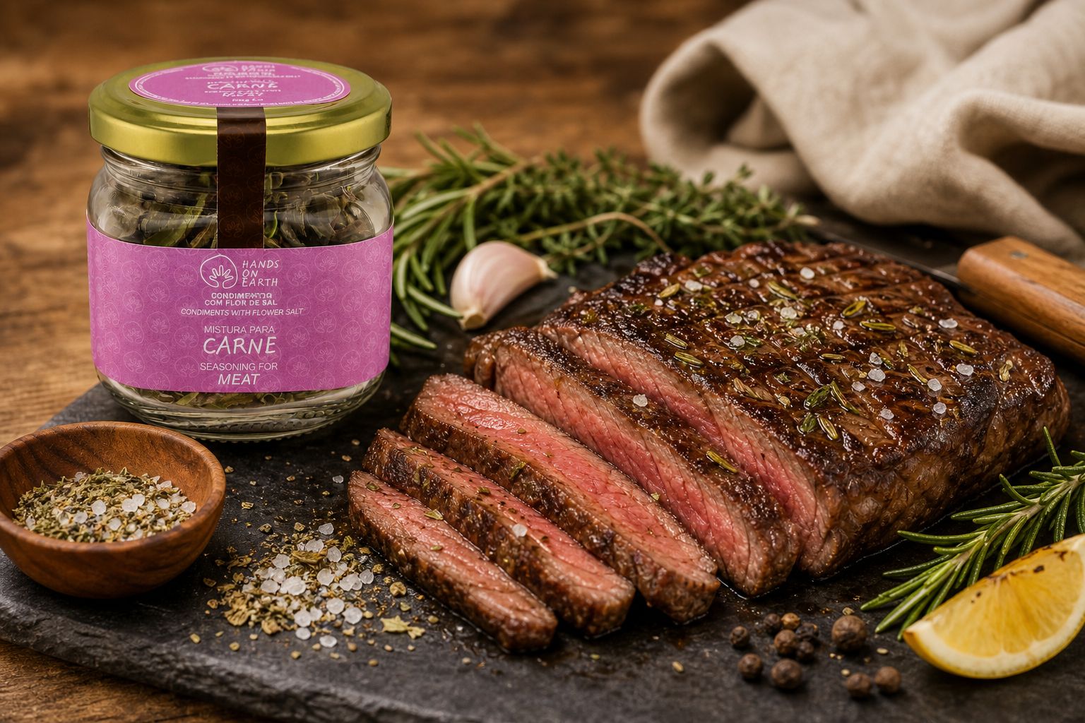 Mistura de Ervas com Flor de sal para carne embalagem em uso
