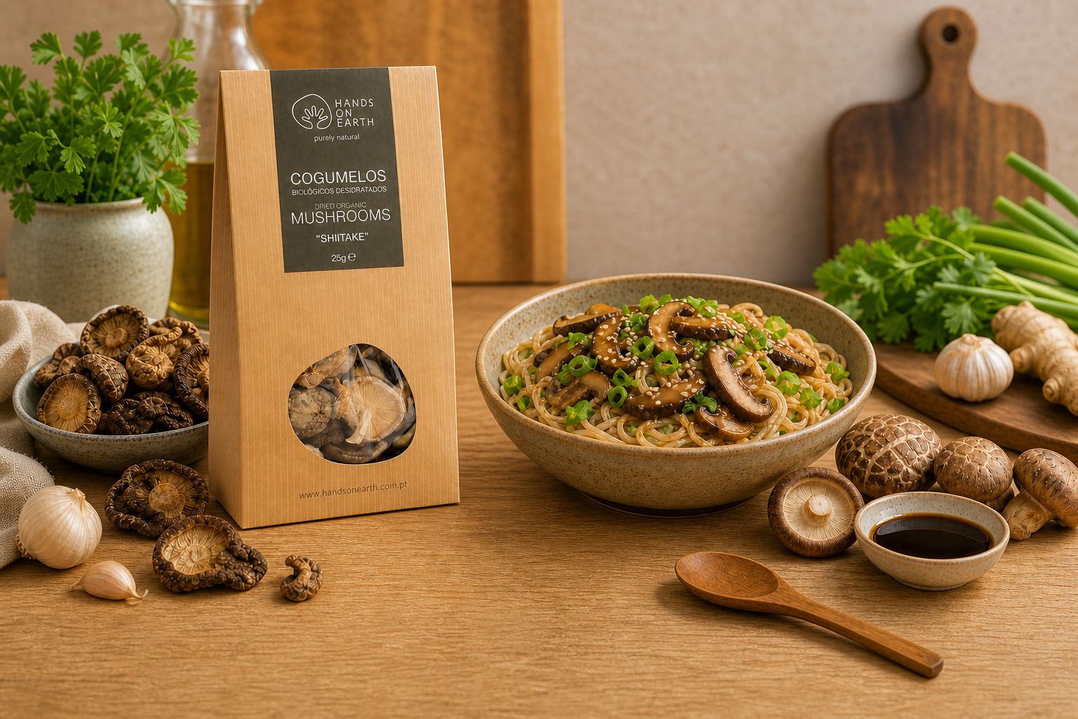Noodles com cogumelos shiitake desidratados Hands on Earth e ervas aromáticas em prato