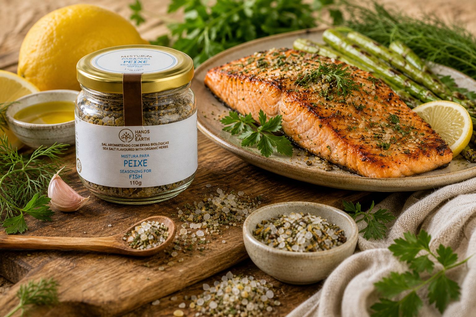Salmão grelhado com limão e ervas aromáticas, preparado com Mistura para Peixe com Sal Marinho Hands on Earth
