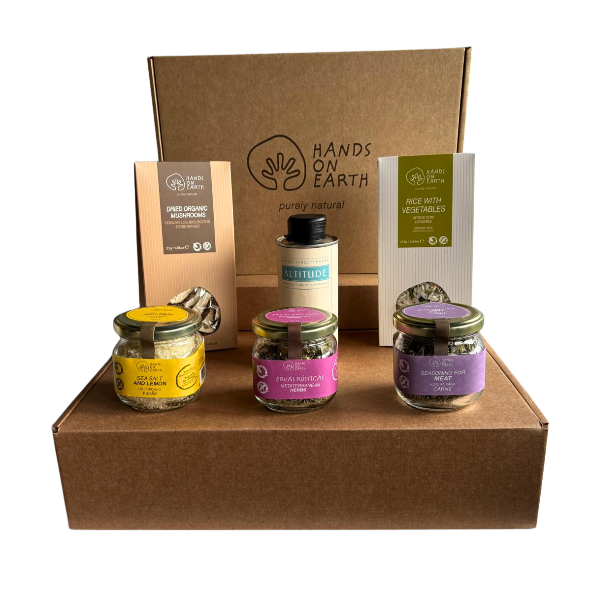 Cabaz gourmet Hands on Earth com produtos portugueses naturais, incluindo chá, tisanas, compotas, mel, azeite, flor de sal, ervas aromáticas e outras especialidades artesanais, ideal para oferecer em qualquer ocasião.