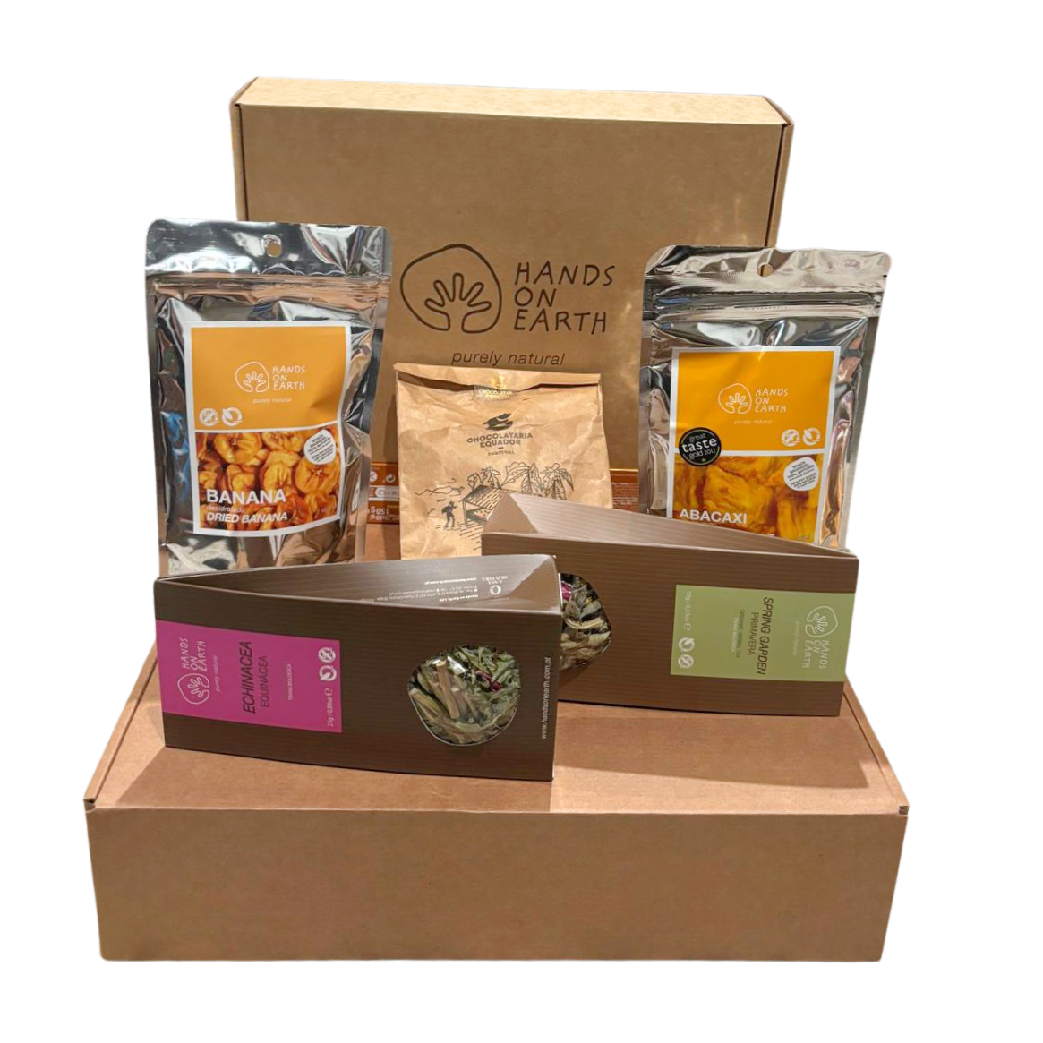 Cabaz Tea and Treats Hands on Earth com tisanas biológicas, chocolate artesanal e frutas desidratadas. Presente gourmet para momentos de chá.