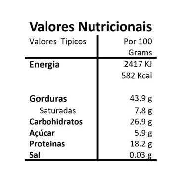 Tabela de informação nutricional dos Cajus Crus Biológicos Hands on Earth 150g, com os valores nutricionais por 100 g.