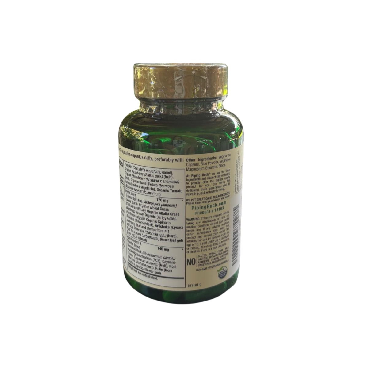 Verso do frasco do suplemento Superalimentos Antioxidante da Hands on Earth, com informações sobre ingredientes e modo de utilização.