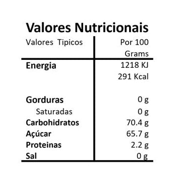 Tabela de informação nutricional das Tâmaras Secas Biológicas com Caroço Hands on Earth 200g, com os valores nutricionais por 100 g.