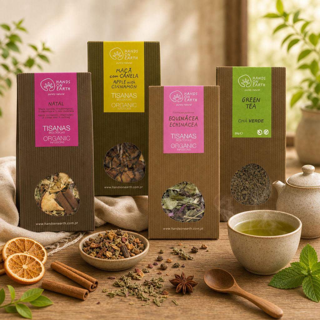 Tisanas e chás Hands on Earth com plantas e ingredientes naturais