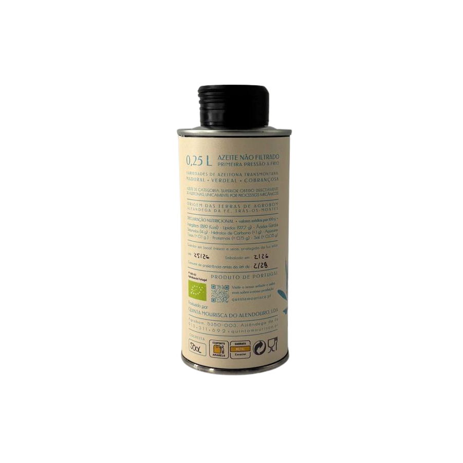 Azeite Extra Virgem Biológico Altitude Quinta Mourisca 250 ml, informação do produto no verso da embalagem