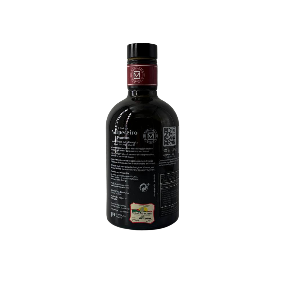 Azeite Extra Virgem Biológico Casa de Valpereiro Premium 500 ml na embalagem original verso