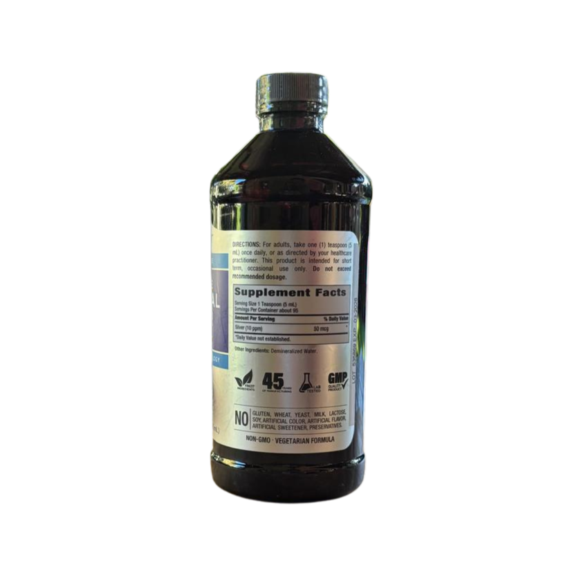 Back of the Hands on Earth Bioactive Colloidal Silver 10 PPM supplement bottle, showing nutritional information and usage instructions.