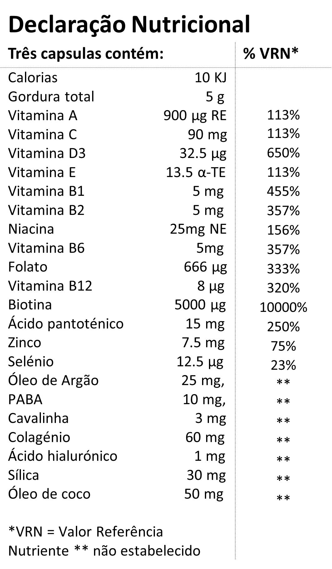 Tabela nutricional do suplemento Cabelo, Pele e Unhas da Hands on Earth, com detalhes sobre vitaminas, minerais e outros ingredientes ativos