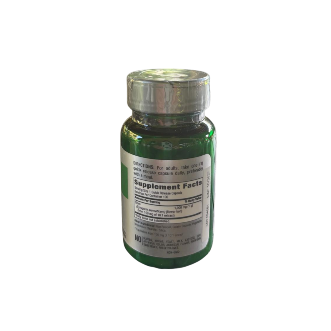 Back of the Hands on Earth Clove 1000mg supplement bottle, showing nutritional information and directions for use.