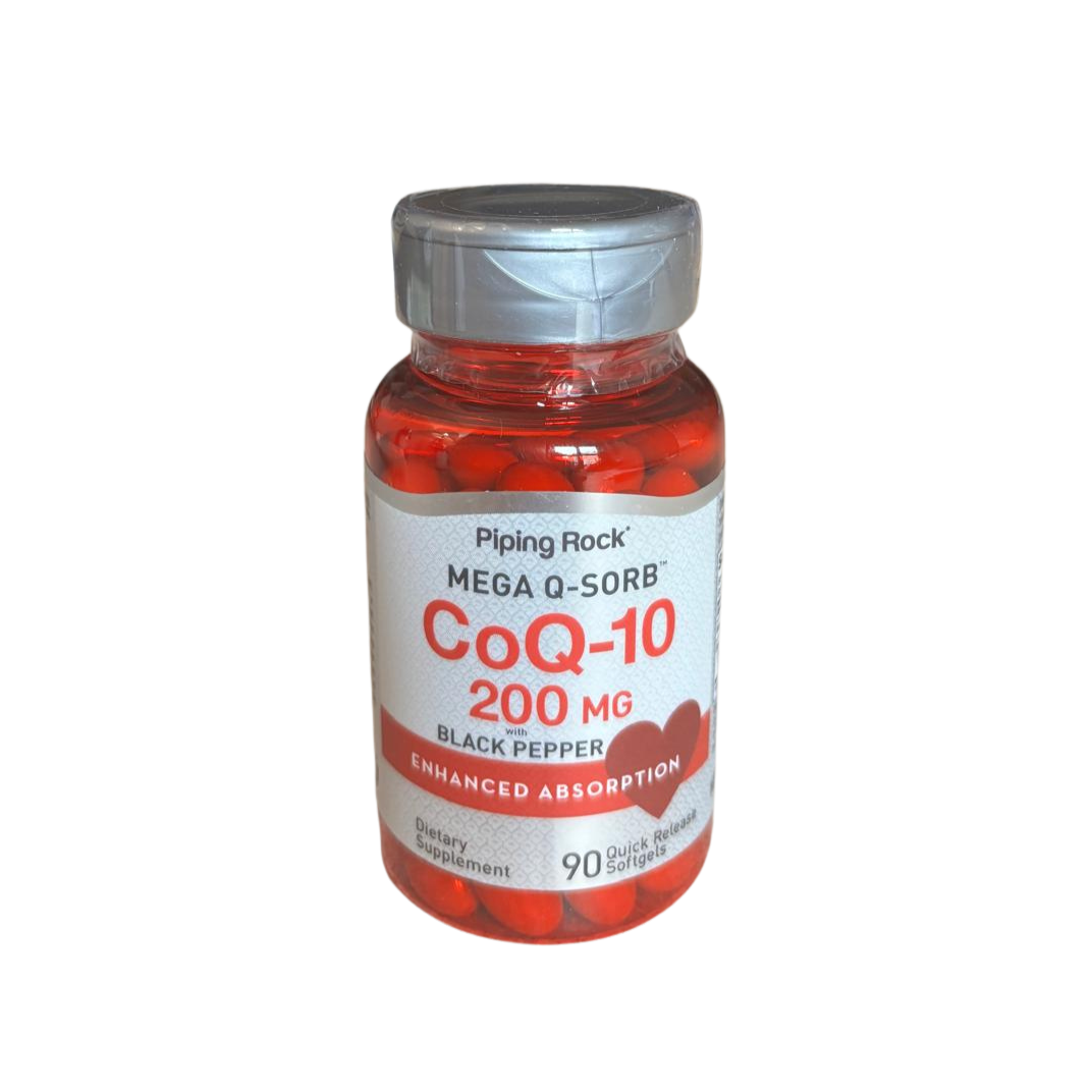Frente do frasco do suplemento Coenzima Q10 200mg com Pimenta Preta da Hands on Earth, 90 cápsulas para energia e proteção antioxidante.