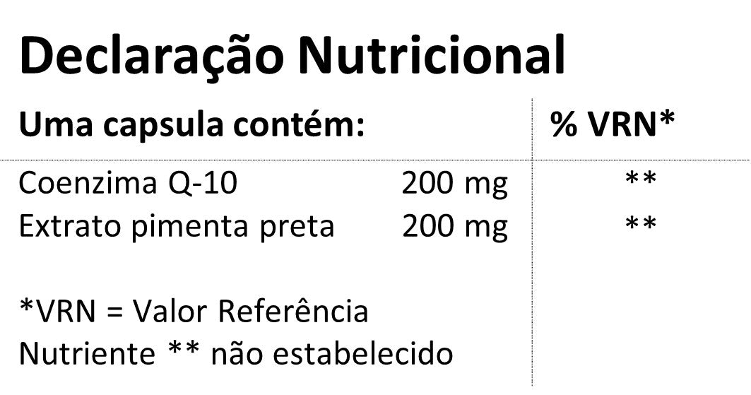 Informação nutricional do suplemento Coenzima Q10 com Pimenta Preta da Hands on Earth, 200mg por cápsula.