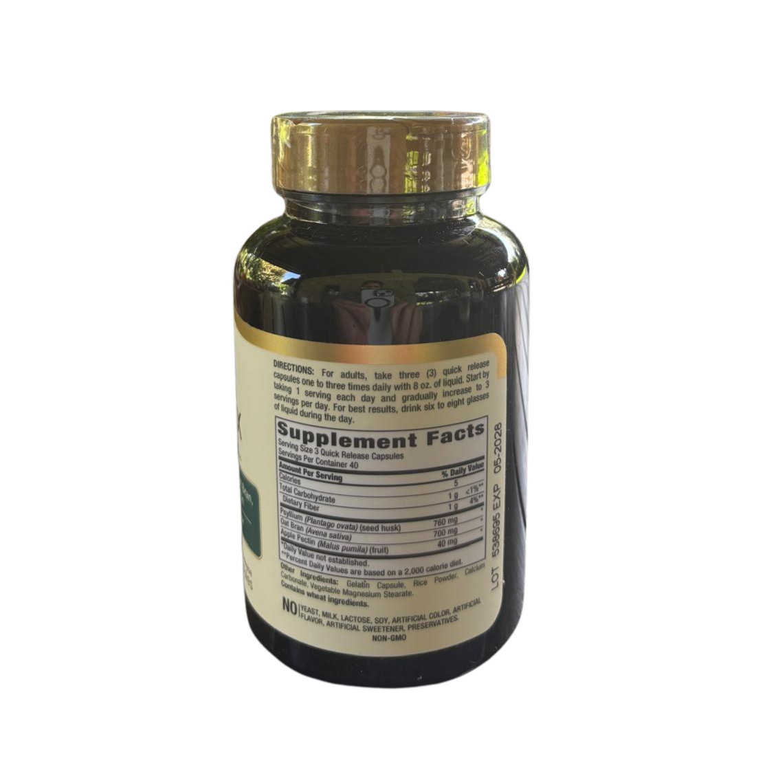 Verso do frasco do suplemento Complexo de Fibra 1500mg da Hands on Earth, com informações nutricionais e modo de utilização.