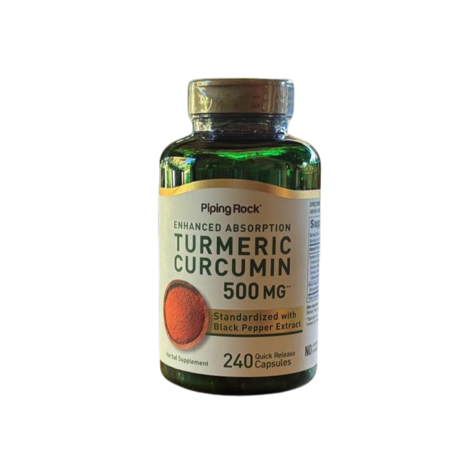 Frente do frasco do suplemento Cúrcuma 500mg da Hands on Earth, 240 cápsulas para proteção celular e bem-estar.