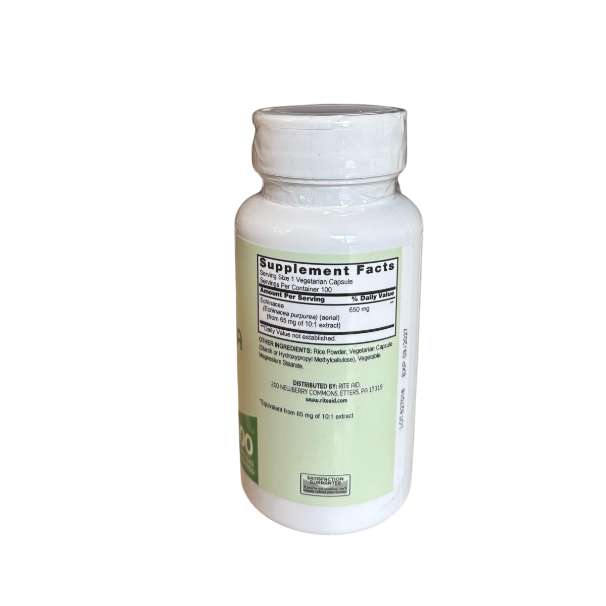 Back of the Hands on Earth Echinacea 650mg supplement bottle, showing nutritional information and directions for use.