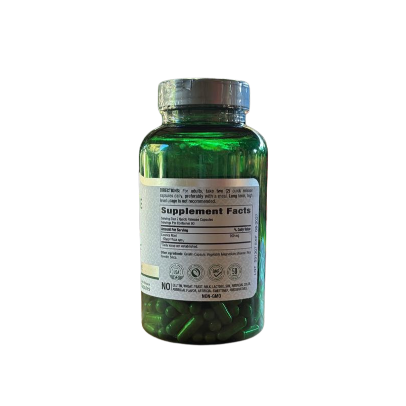 Back of the Hands on Earth Licorice Root 900mg supplement bottle, showing nutritional information and usage instructions.