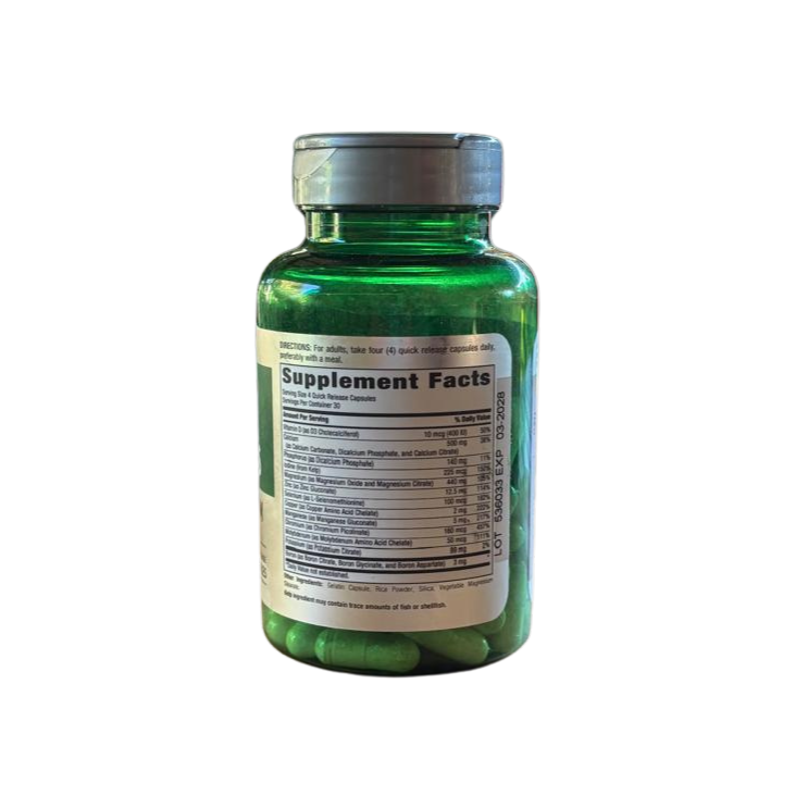 Back of the Hands on Earth Chelated Multiminerals supplement bottle, showing nutritional information and usage instructions.