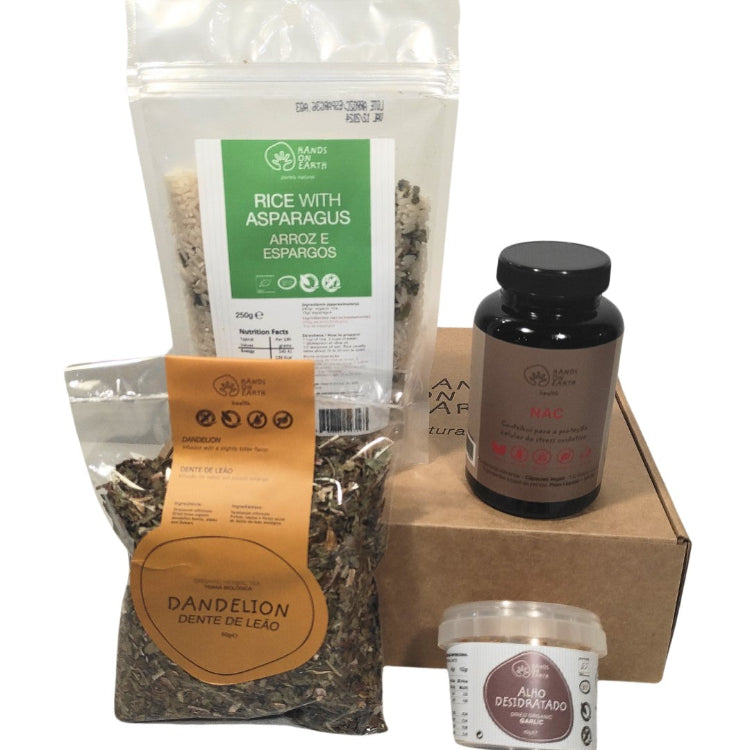 Pack para Promover o Detox do Corpo Hands on Earth – N-Acetil-Cisteína, tisana dente-de-leão, alho desidratado e arroz com espargos, em caixa personalizada