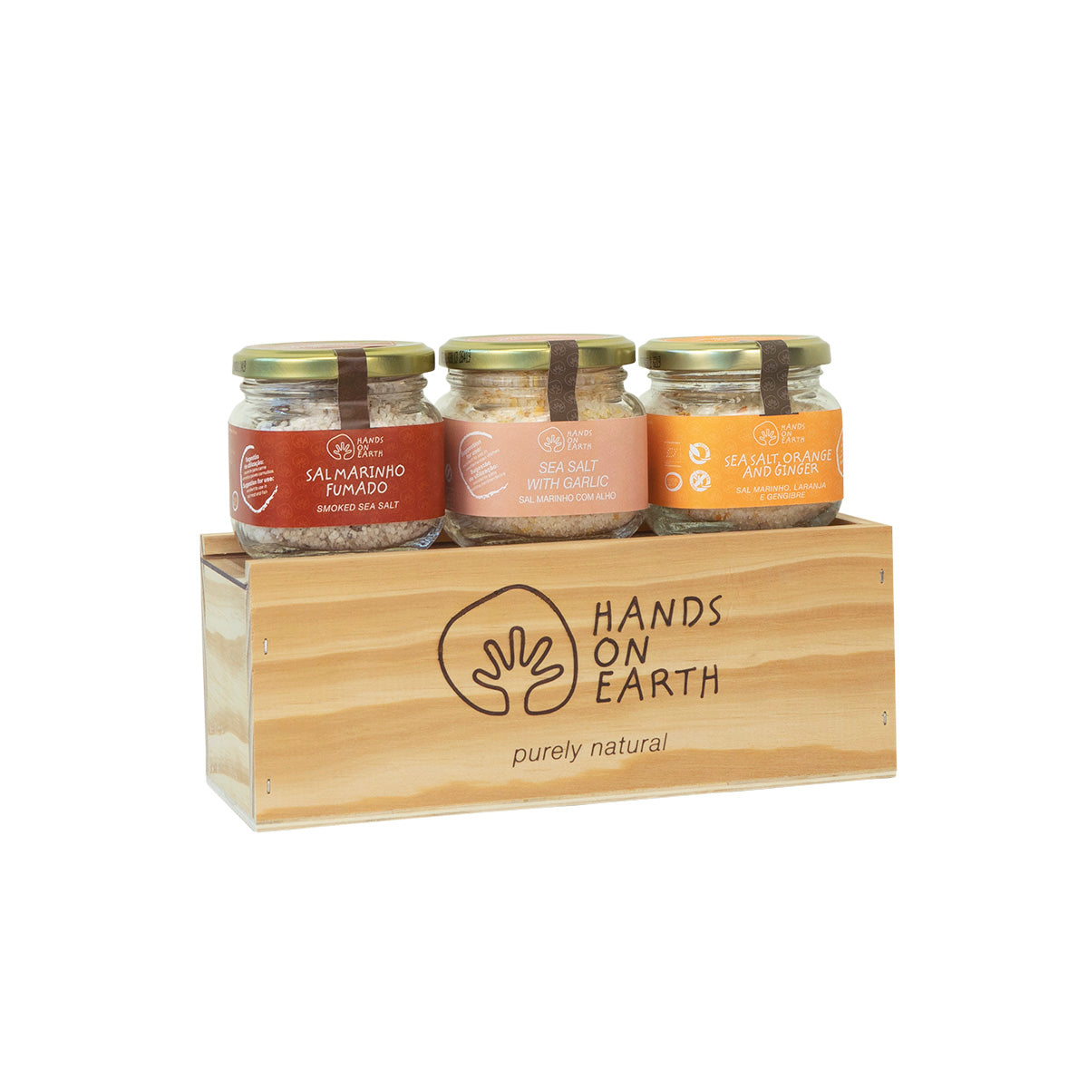 Pack Presente Sal Marinho Gourmet Hands on Earth em caixa de madeira