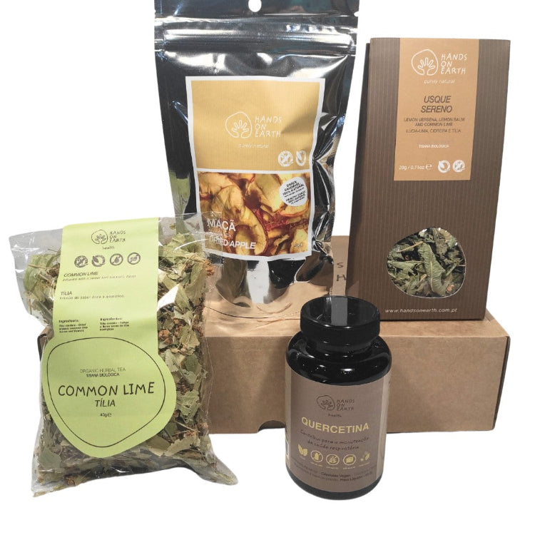 Pack para Relaxar do Dia-a-Dia Hands on Earth – tisanas de tília e Usque Sereno, suplemento de quercetina e maçã desidratada, em caixa personalizada