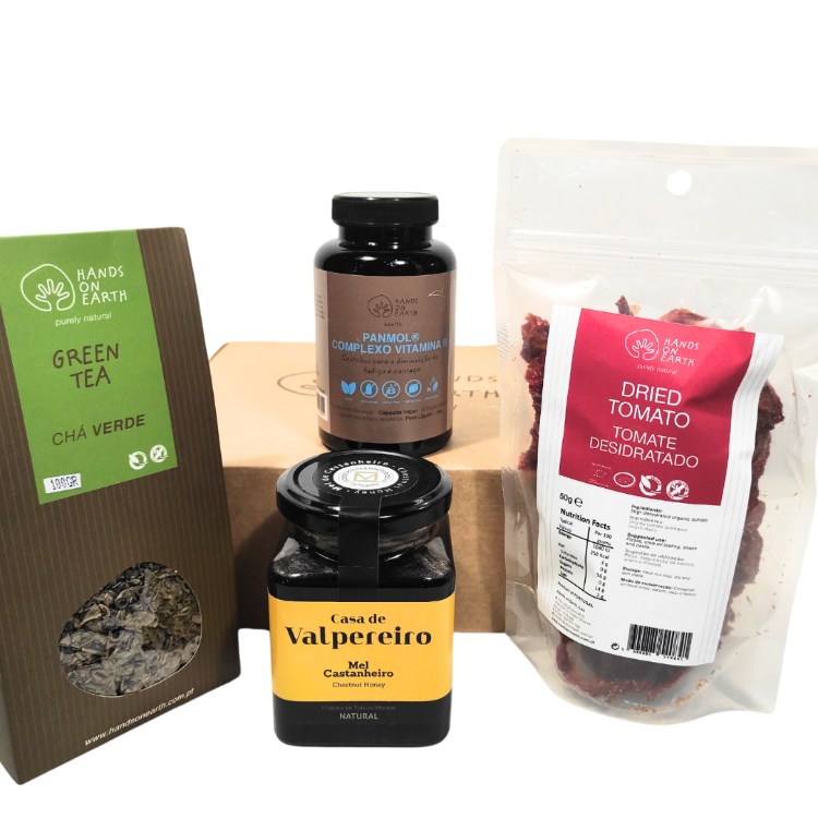 Pack para Revitalizar a Energia Hands on Earth – vitamina B, chá verde biológico, tomate desidratado e mel natural, em caixa personalizada