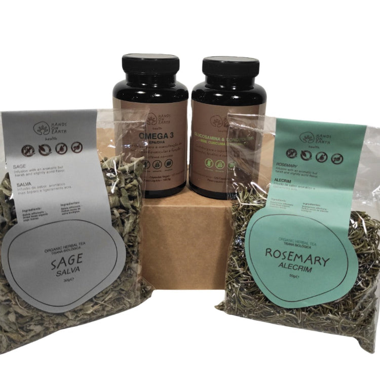 Pack Hands on Earth para dor articular e muscular – inclui glucosamina, condroitina, Omega 3 e tisanas biológicas anti-inflamatórias.