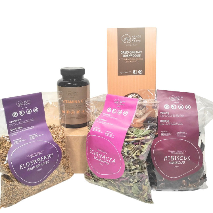 Pack para Estimular o Sistema Imunitário Hands on Earth – vitamina C, equinácea, hibiscus, sabugueiro e cogumelos shiitake, em caixa personalizada
