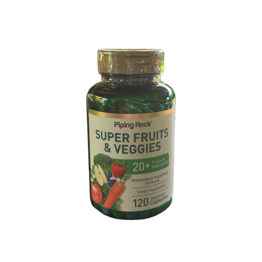 Frasco de Superalimentos Antioxidante com 120 cápsulas vegan da Hands on Earth, suplemento natural para proteção celular e bem-estar diário.