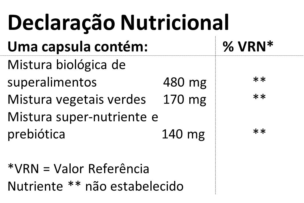 Tabela nutricional do suplemento Superalimentos Antioxidante da Hands on Earth, com valores por dose e ingredientes detalhados.