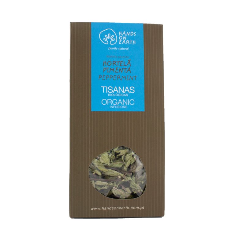 Tisana de Hortelã-Pimenta Biológica Hands on Earth em caixa, infusão sem cafeína de aroma fresco e mentolado