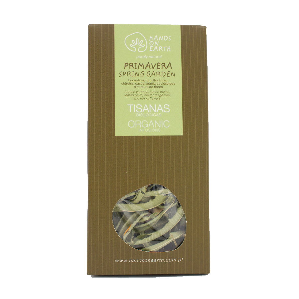 Tisana Primavera Biológica Hands on Earth em caixa, infusão sem cafeína com ervas aromáticas e flores comestíveis