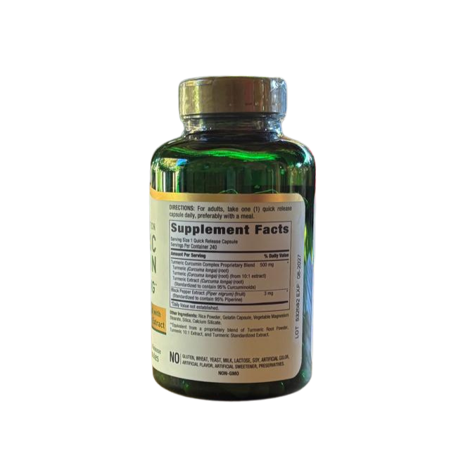 Back of the Hands on Earth Turmeric 500mg supplement bottle, showing nutritional information and directions for use.