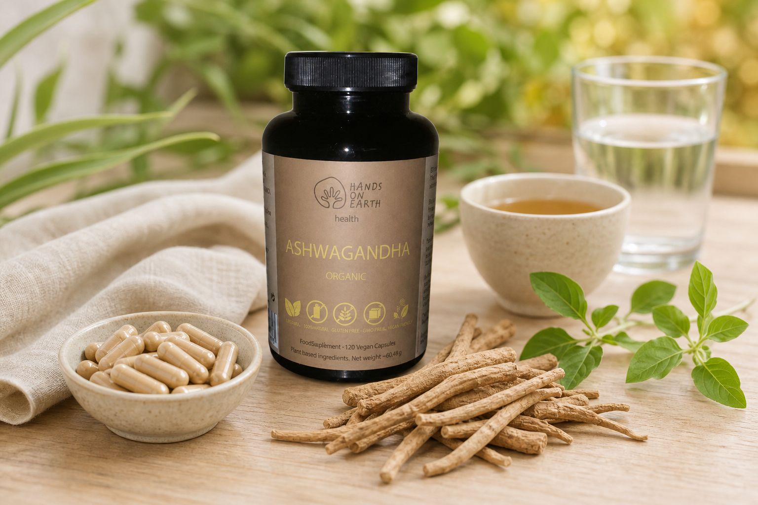 Suplemento ashwagandha biologica Hands on Earth em embalagem