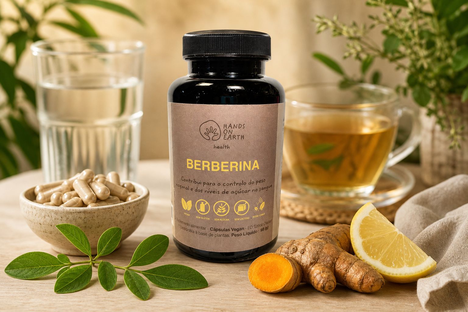 Suplemento Berberina Hands on Earth em embalagem