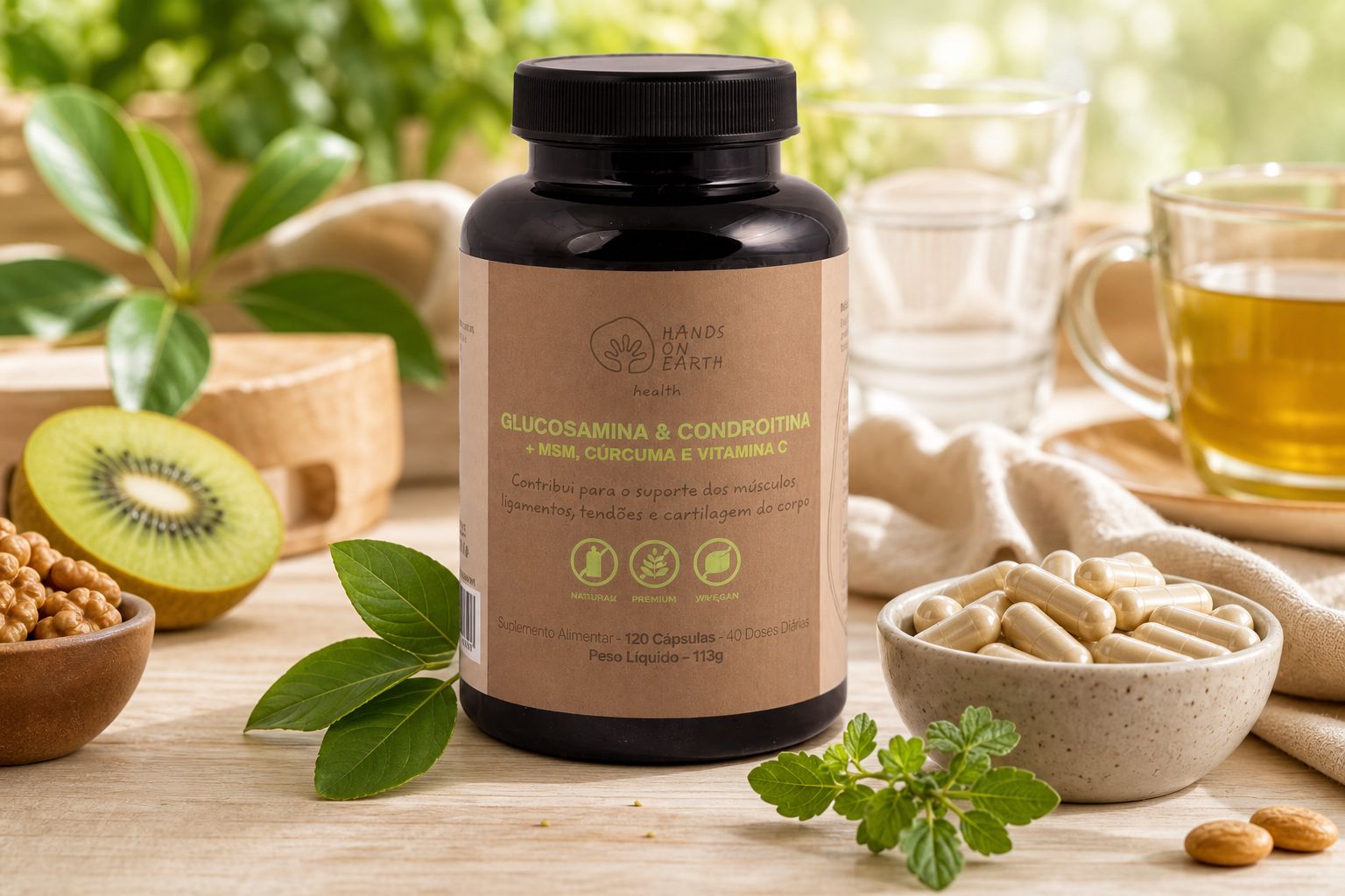 Suplemento Glucosamina e condroitina Hands on Earth em embalagem