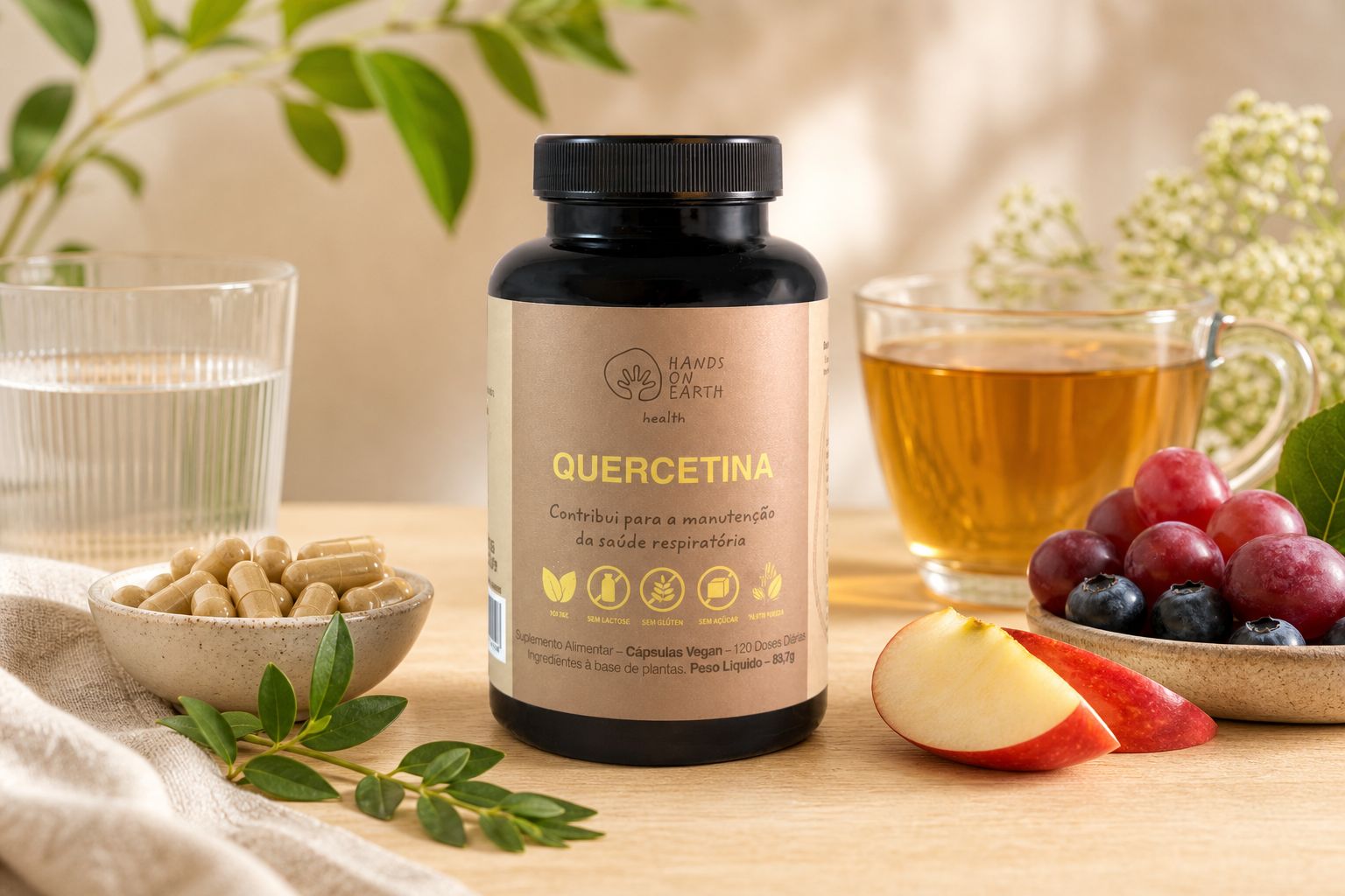 Suplemento de quercetina Hands on Earth em embalagem