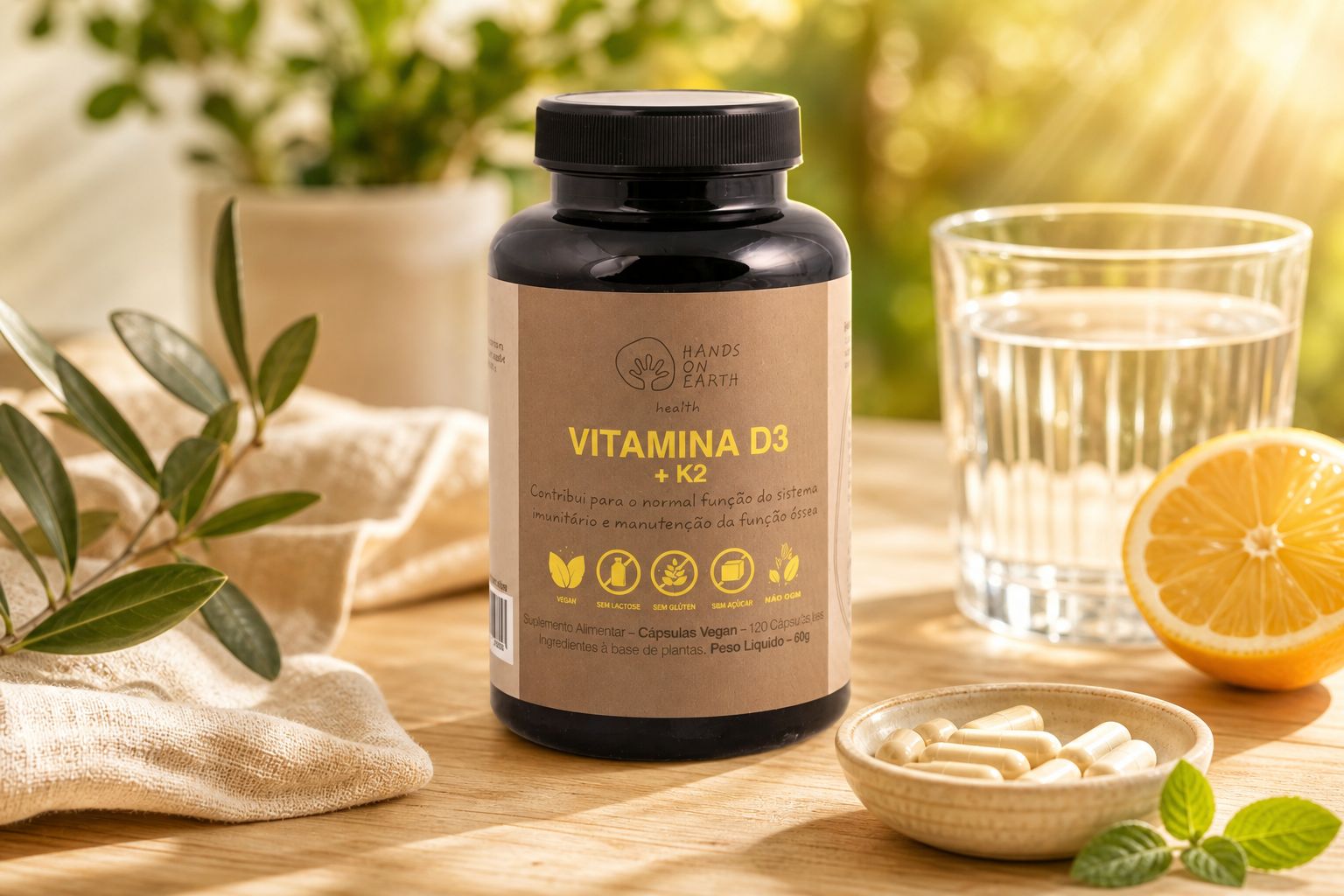 Suplemento Vitamina D Hands on Earth em embalagem