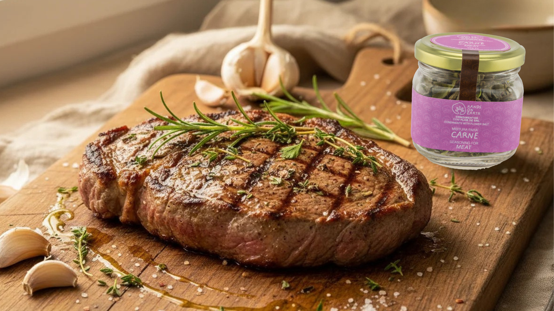 Bife da vazia grelhado preparado com Mistura Biológica para Carne Hands on Earth, servido com ervas aromáticas e legumes assados.