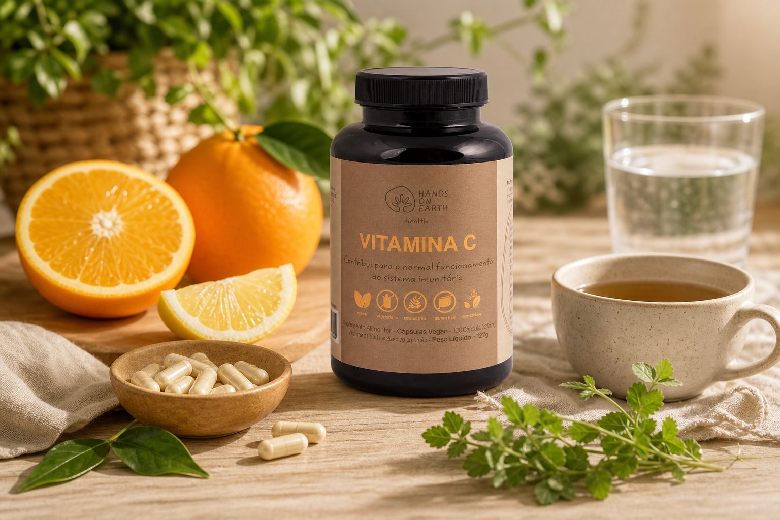 Suplemento Vitamina C Hands on Earth em embalagem