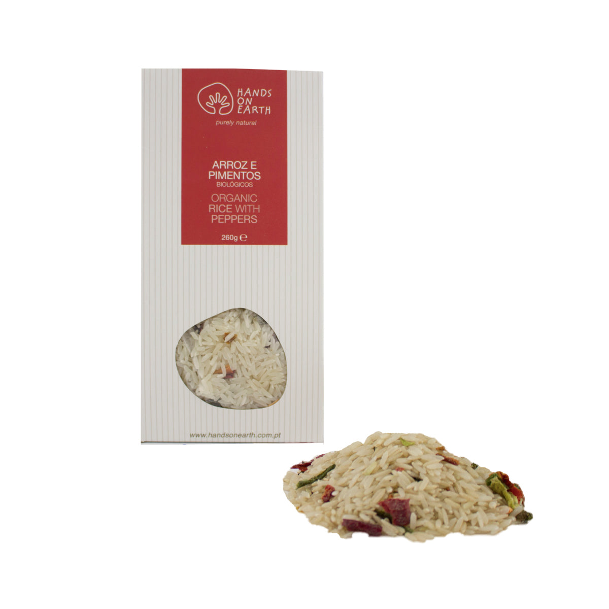 Caixa de Arroz com Pimentos Orgânicos 260g – mistura biológica de arroz branco longo com pimentos verdes e vermelhos desidratados