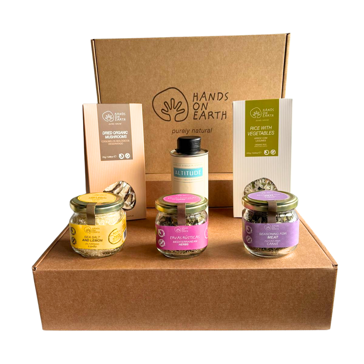 Cabaz Gourmet Biológico para Cozinhar Hands on Earth com flor de sal artesanal, ervas aromáticas biológicas, cogumelos desidratados, arroz com vegetais e azeite virgem extra premium.