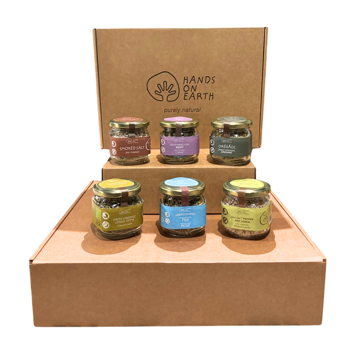 Cabaz Gourmet de Condimentos Hands on Earth com flor de sal artesanal, sais aromatizados, ervas aromáticas biológicas e condimentos portugueses.