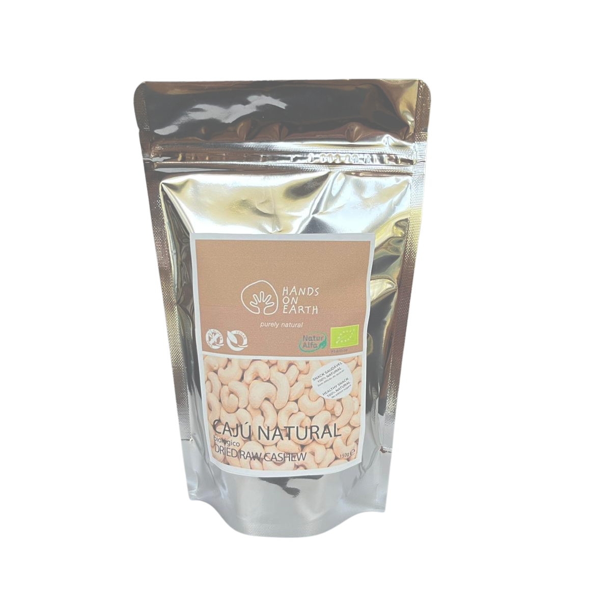 Embalagem de Cajus Crus Biológicos Hands on Earth 150g, snack natural sem sal adicionado nem conservantes.