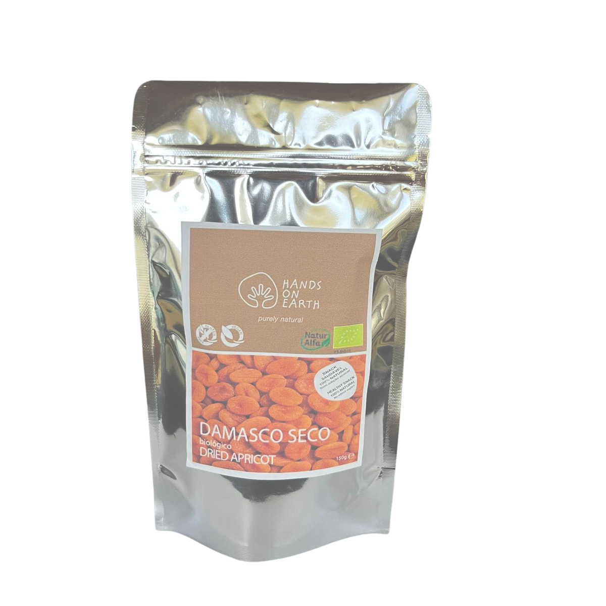Embalagem de Damascos Biológicos sem Caroço Hands on Earth snack natural sem açúcares adicionados nem conservantes.