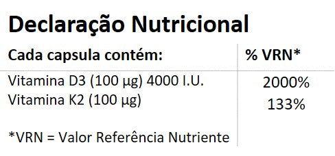 Suplemento Alimentar Vitamina D3 4000. U.I. + K2 100 mcg (MK7) - 120 cápsulas