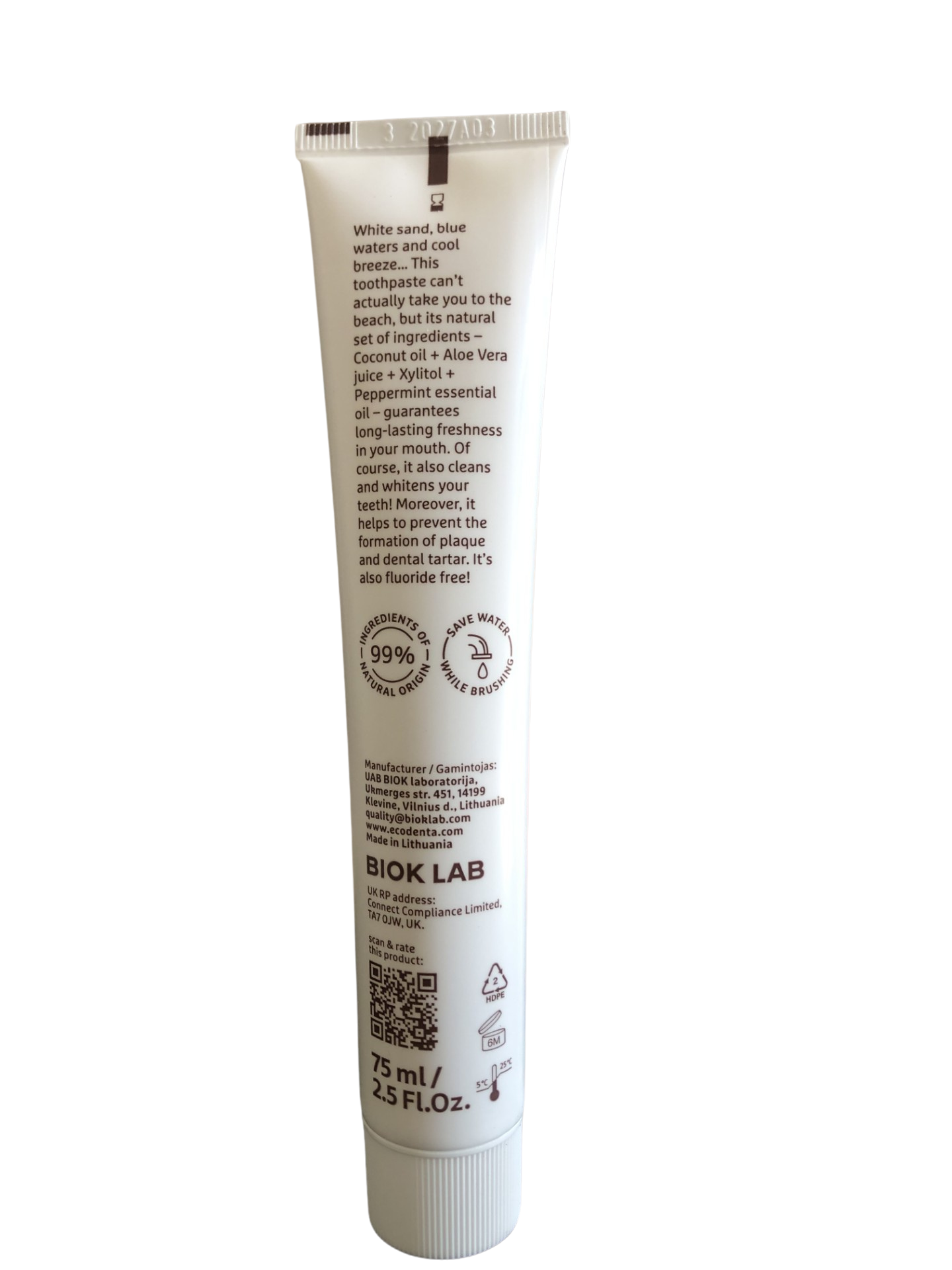Creme dentário natural com óleo de coco, Aloe vera e hortelã-pimenta