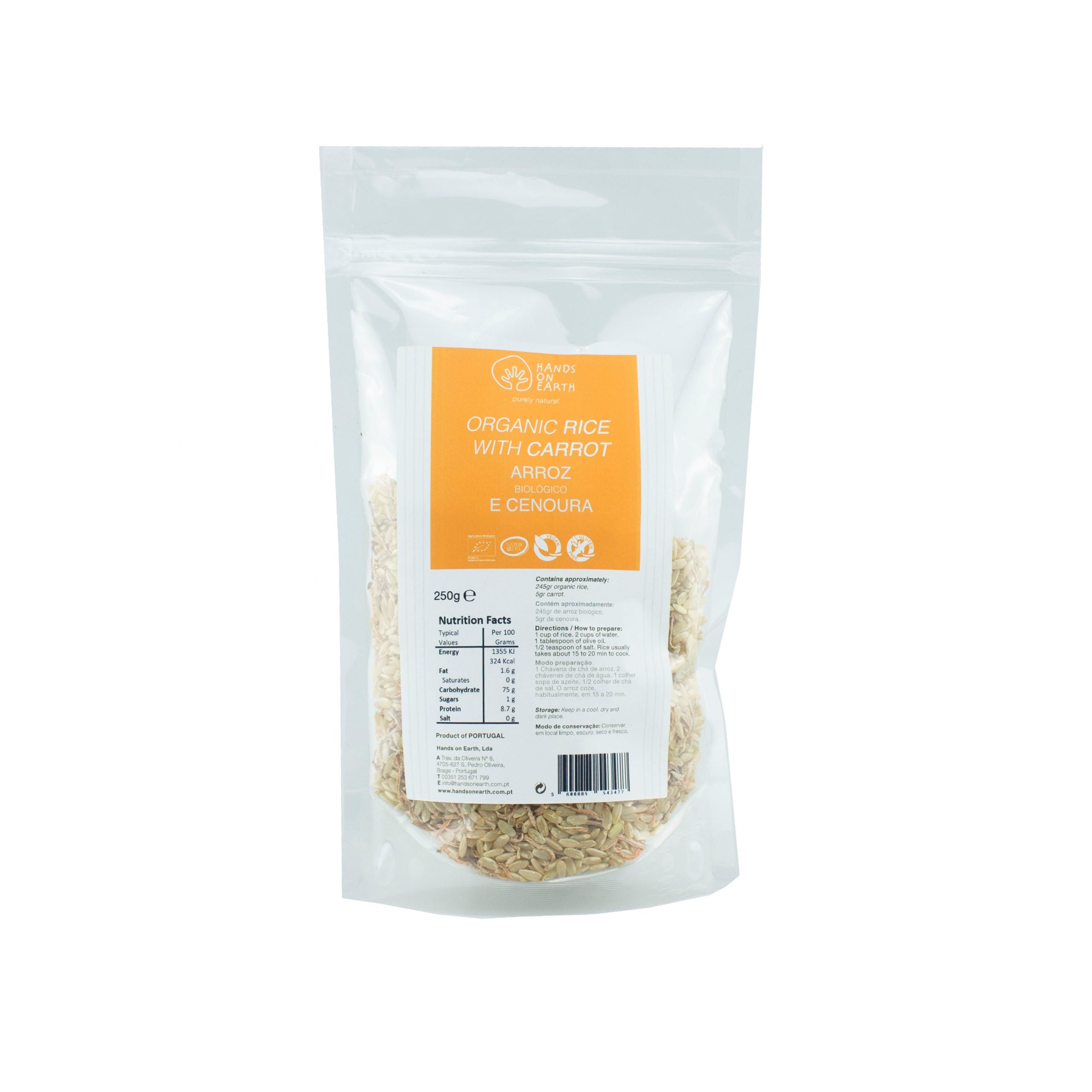Saco de Arroz com Cenoura Orgânica 250g – mistura biológica, sem glúten, rica em vitaminas e minerais, ideal para refeições saudáveis