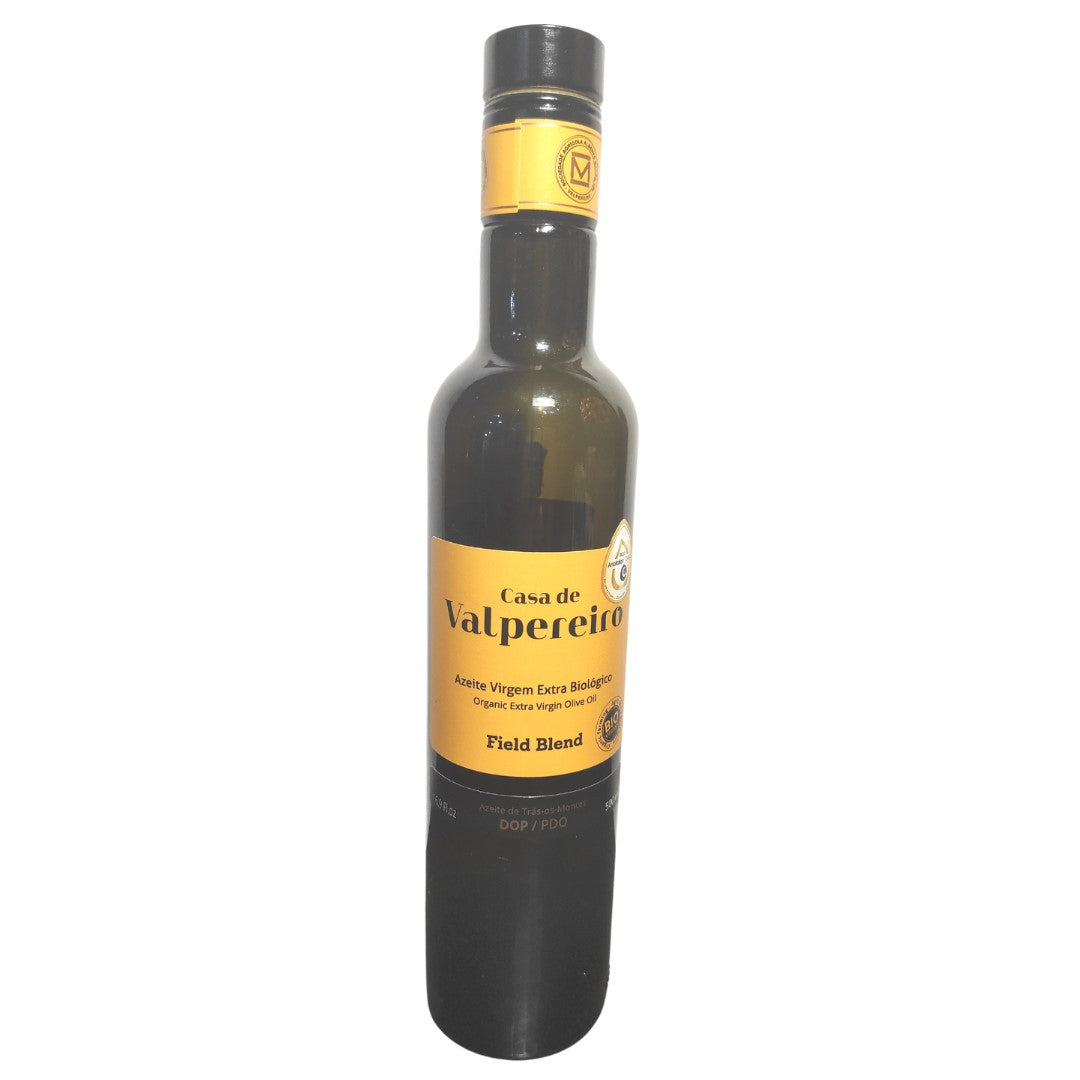 Frasco de Azeite Extra Virgem Biológico 500ml 'Casa de Valpereiro – Field Blend' – DOP Trás-dos-Montes, premium, aroma intenso, sabor equilibrado