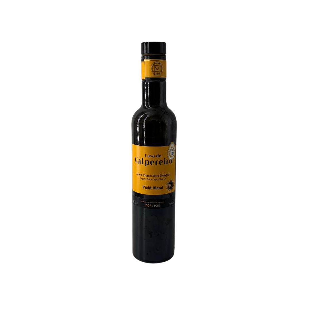 Azeite Extra Virgem Biológico Casa de Valpereiro 500 ml Field Blend, vista frontal da embalagem