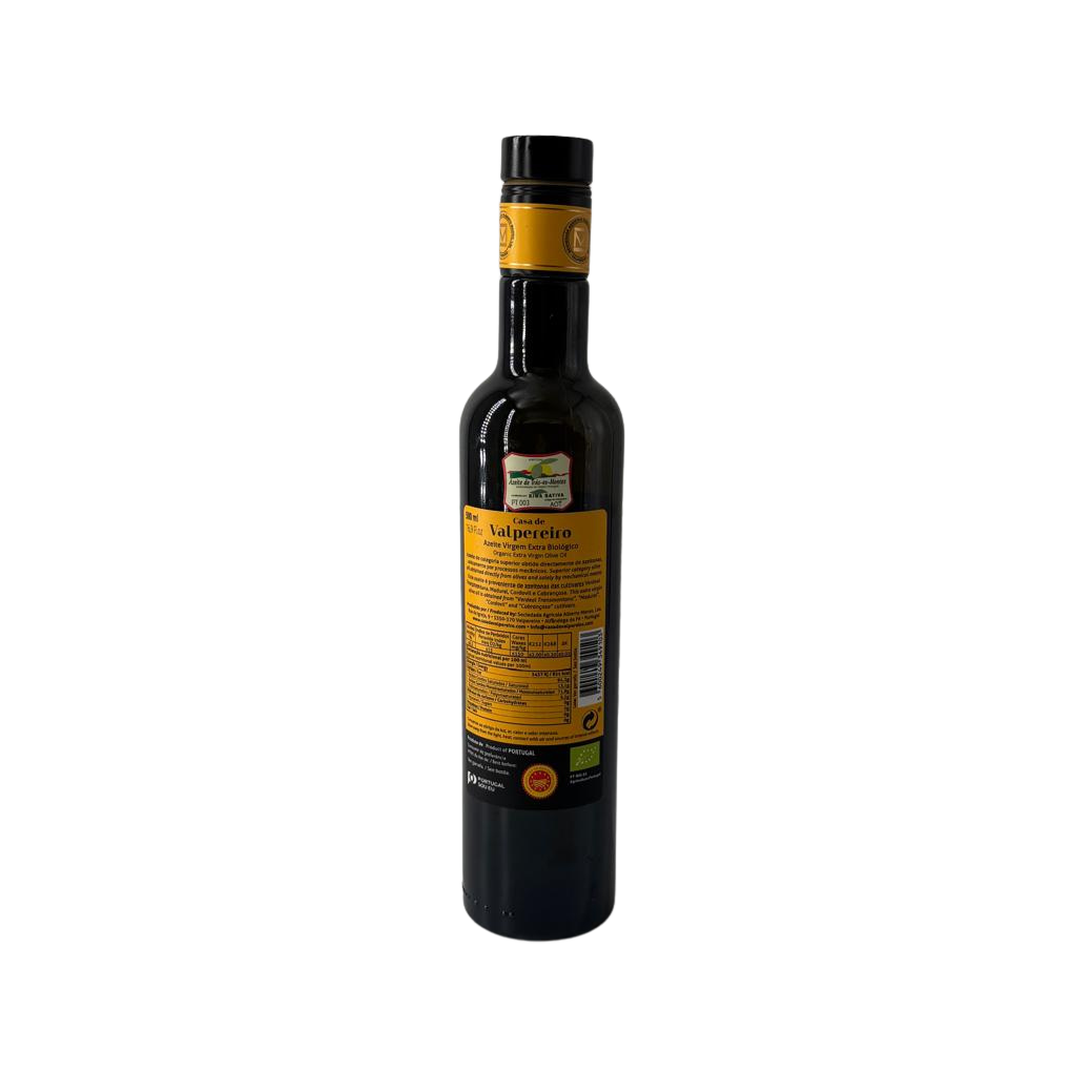 Azeite Extra Virgem Biológico Casa de Valpereiro 500 ml Field Blend, informação do produto no verso da embalagem